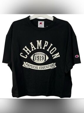 Champion Black Cropped Tee with White Graphic